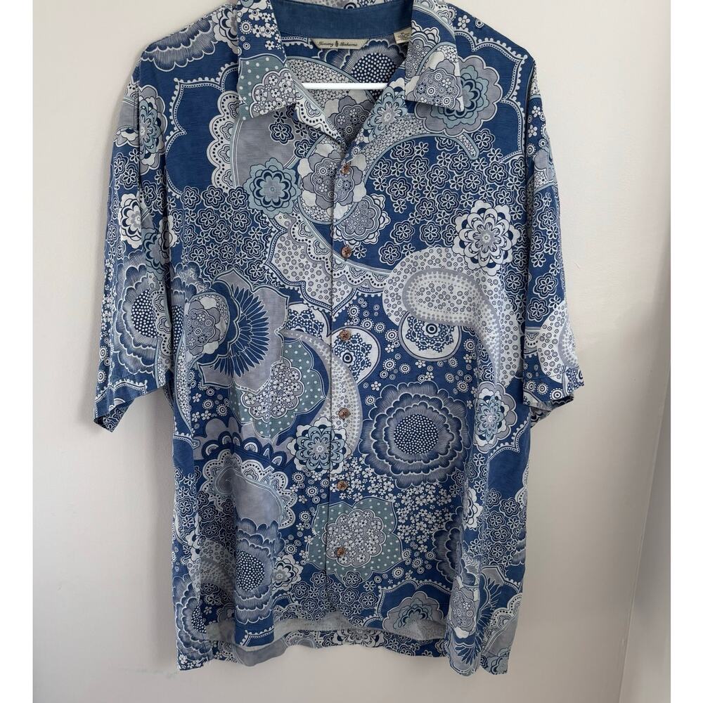 Tommy Bahama Men's Silk Paisley Floral Hawaiian Shirt Button Up Blue White Sz XL